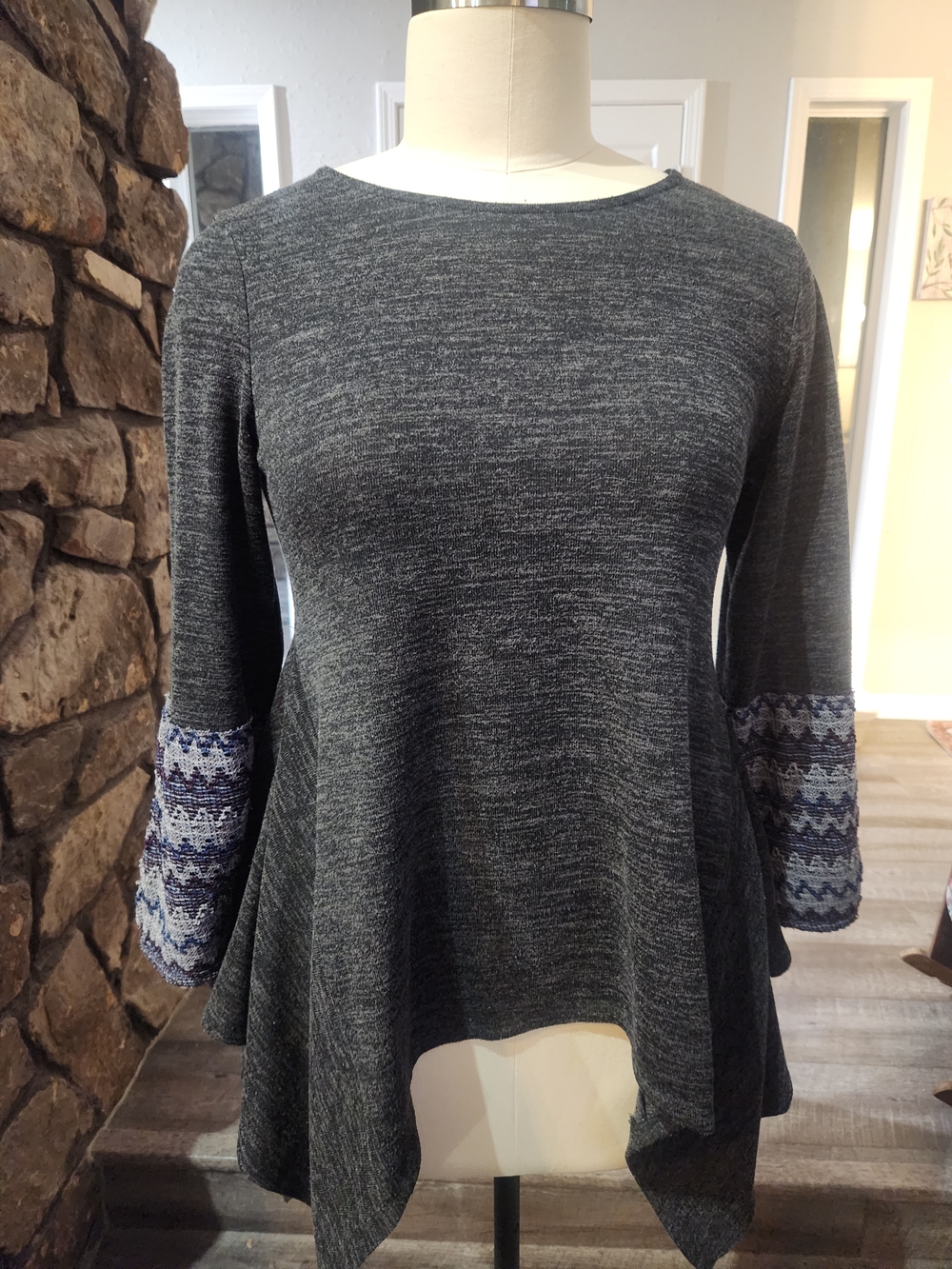 indigo soul Dark Gray Swing Tunic with Blue Patterned Cuffs
